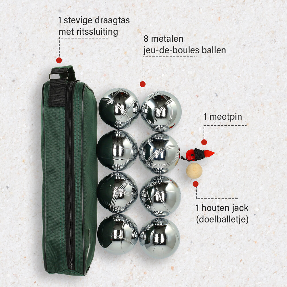 Discountershop Jeu de boules set - 8 RVS Ballen + Jack + Meetpin - Inclusief Draagtas - Ideal voor Groepen, Recreanten & Beginners Discountershop Jeu de boules set - 8 RVS Ballen + Jack + Meetpin - Inclusief Draagtas - Ideal voor Groepen, Recreanten & Beginners