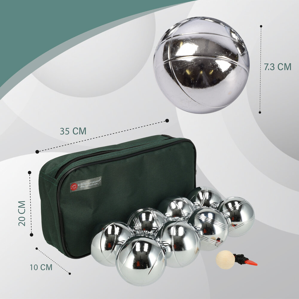 Discountershop Jeu de boules set - 8 RVS Ballen + Jack + Meetpin - Inclusief Draagtas - Ideal voor Groepen, Recreanten & Beginners Discountershop Jeu de boules set - 8 RVS Ballen + Jack + Meetpin - Inclusief Draagtas - Ideal voor Groepen, Recreanten & Beginners