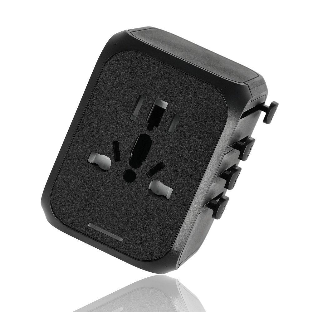 Discountershop Universal Travel Adapter with USB – Worldwide Plug for 150+ Countries – 2x USB-C & 2x USB-A – Auto Fuse – International Charger – Black