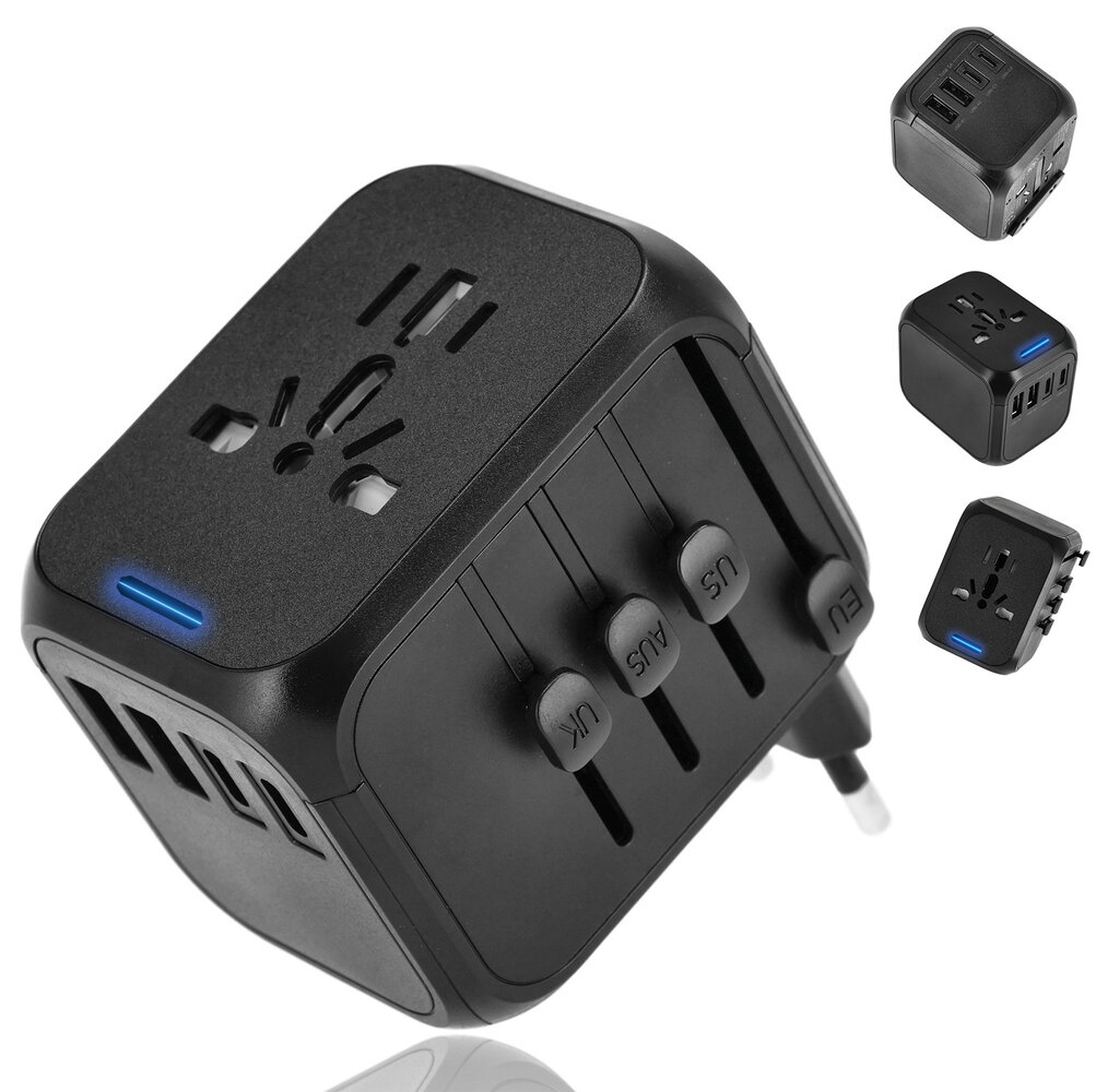 Discountershop Universal Travel Adapter with USB – Worldwide Plug for 150+ Countries – 2x USB-C & 2x USB-A – Auto Fuse – International Charger – Black