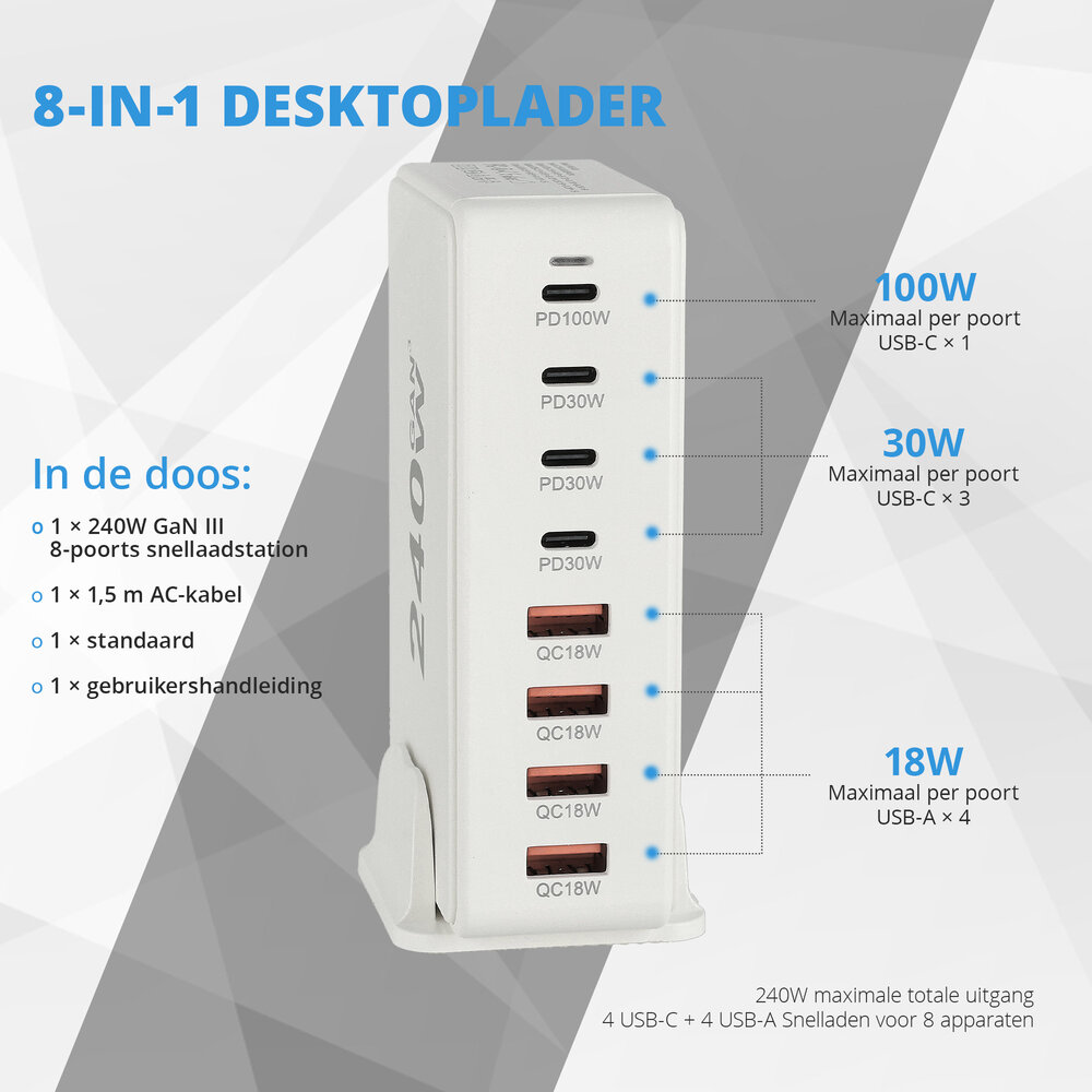Discountershop USB-C Fast Charger 240W – 8-Port GaN III Charger with PD100W, PD30W & QC18W – High-Speed USB-C Charger for Laptop, Phone & Tablet Discountershop USB-C Fast Charger 240W – 8-Port GaN III Charger with PD100W, PD30W & QC18W – High-Speed USB-C Charger for Laptop, Phone & Tablet