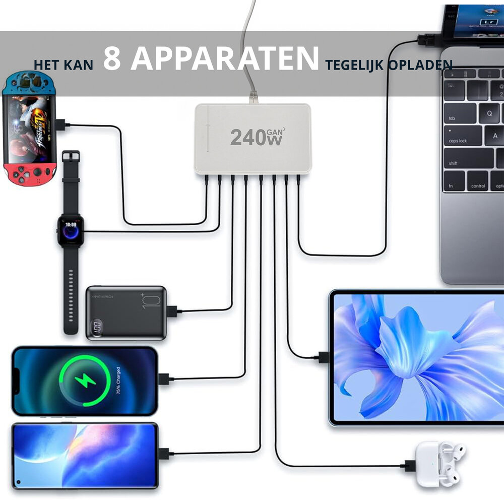 Discountershop USB-C Fast Charger 240W – 8-Port GaN III Charger with PD100W, PD30W & QC18W – High-Speed USB-C Charger for Laptop, Phone & Tablet Discountershop USB-C Fast Charger 240W – 8-Port GaN III Charger with PD100W, PD30W & QC18W – High-Speed USB-C Charger for Laptop, Phone & Tablet