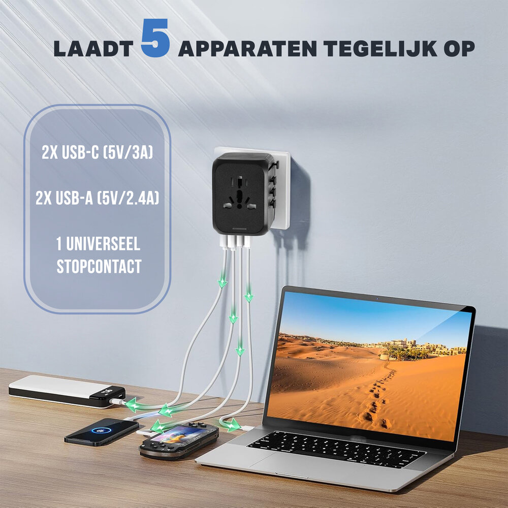 Discountershop Wereldstekker met USB – Internationale Reisadapter 150+ Landen – 2x USB-C & 2x USB-A – Automatische Zekering – Universele Reislader Zwart Discountershop Wereldstekker met USB – Internationale Reisadapter 150+ Landen – 2x USB-C & 2x USB-A – Automatische Zekering – Universele Reislader Zwart