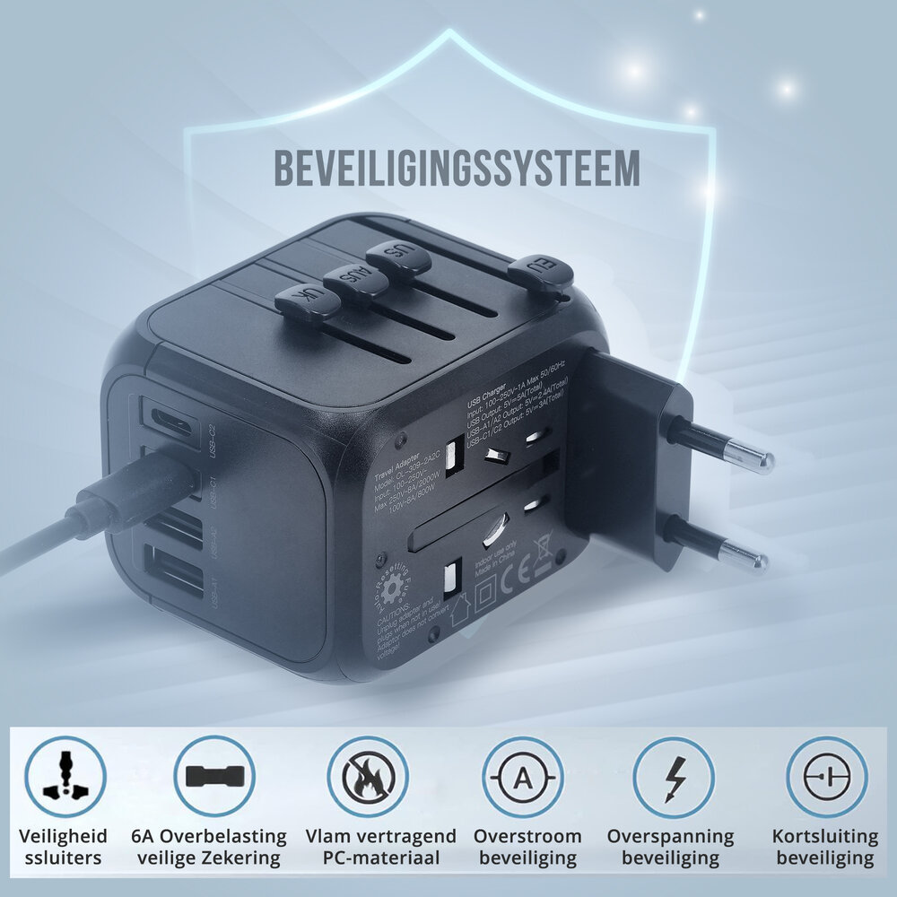 Discountershop Wereldstekker met USB – Internationale Reisadapter 150+ Landen – 2x USB-C & 2x USB-A – Automatische Zekering – Universele Reislader Zwart Discountershop Wereldstekker met USB – Internationale Reisadapter 150+ Landen – 2x USB-C & 2x USB-A – Automatische Zekering – Universele Reislader Zwart