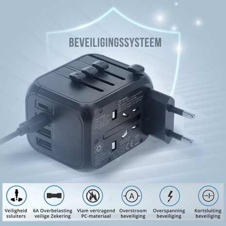 Discountershop Wereldstekker met USB – Internationale Reisadapter 150+ Landen – 2x USB-C & 2x USB-A – Automatische Zekering – Universele Reislader Zwart Discountershop Wereldstekker met USB – Internationale Reisadapter 150+ Landen – 2x USB-C & 2x USB-A – Automatische Zekering – Universele Reislader Zwart