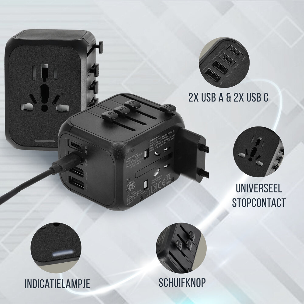 Discountershop Universal Travel Adapter with USB – Worldwide Plug for 150+ Countries – 2x USB-C & 2x USB-A – Auto Fuse – International Charger – Black