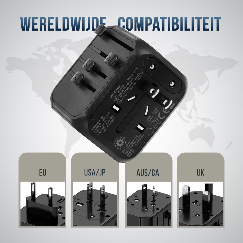 Discountershop Wereldstekker met USB – Internationale Reisadapter 150+ Landen – 2x USB-C & 2x USB-A – Automatische Zekering – Universele Reislader Zwart Discountershop Wereldstekker met USB – Internationale Reisadapter 150+ Landen – 2x USB-C & 2x USB-A – Automatische Zekering – Universele Reislader Zwart