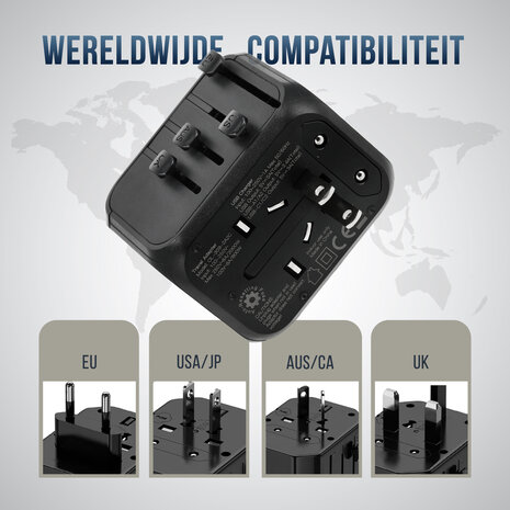 Discountershop Wereldstekker met USB – Internationale Reisadapter 150+ Landen – 2x USB-C & 2x USB-A – Automatische Zekering – Universele Reislader Zwart Discountershop Wereldstekker met USB – Internationale Reisadapter 150+ Landen – 2x USB-C & 2x USB-A – Automatische Zekering – Universele Reislader Zwart