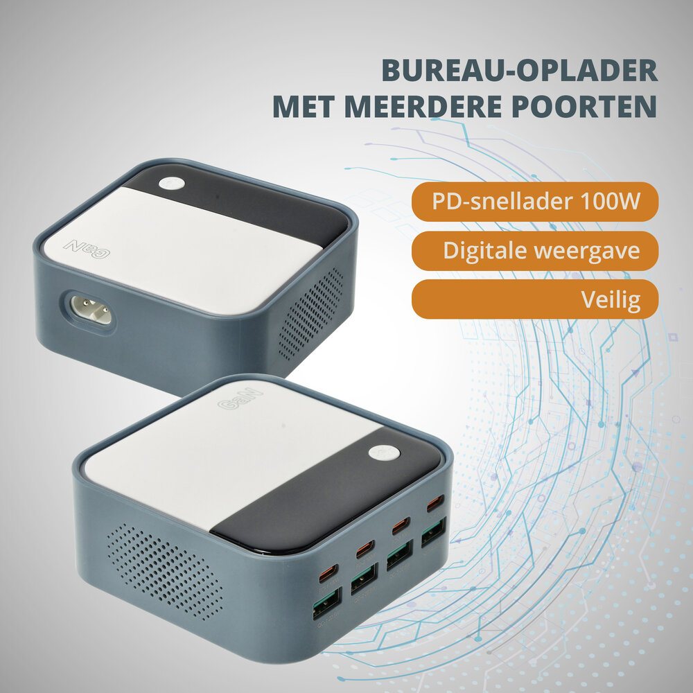 Discountershop USB-C Fast Charger 120W – 8-Port GaN Charger with LED Display (4x USB-C 100W + 4x USB-A 22.5W) – Fast Charger for Laptop, Smartphone and Tablet