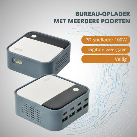 Discountershop USB-C Fast Charger 120W – 8-Port GaN Charger with LED Display (4x USB-C 100W + 4x USB-A 22.5W) – Fast Charger for Laptop, Smartphone and Tablet