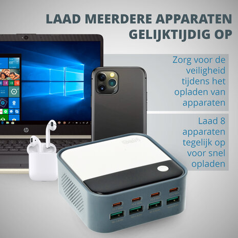 Discountershop USB-C Snellader 120W – 8-Poorts GaN Oplader met LED Display (4x USB-C 100W + 4x USB-A 22.5W) – Snelle Oplader voor Laptop, Smartphone en Tablet