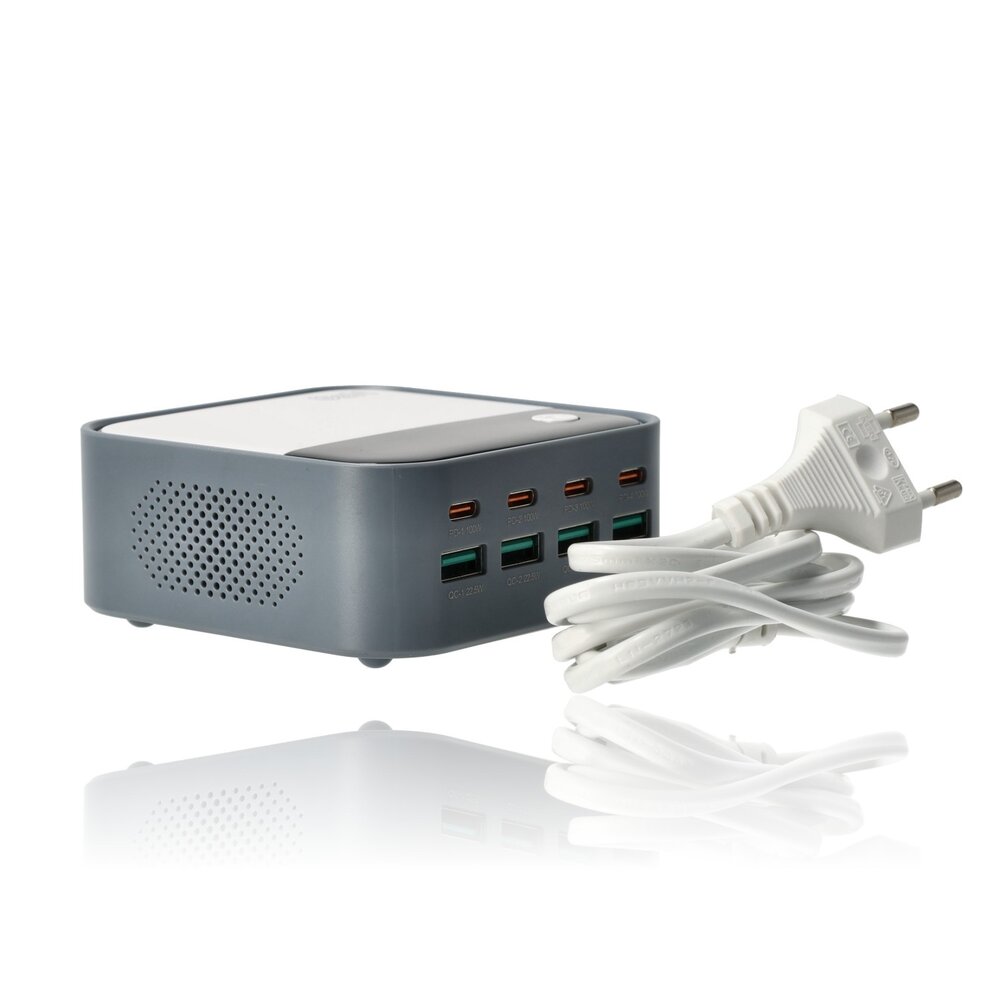 Discountershop USB-C Snellader 120W – 8-Poorts GaN Oplader met LED Display (4x USB-C 100W + 4x USB-A 22.5W) – Snelle Oplader voor Laptop, Smartphone en Tablet