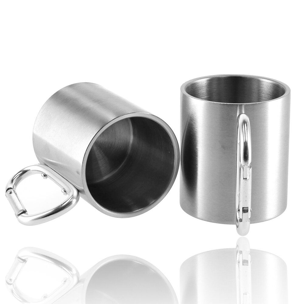 Discountershop Camping Cup Double-Walled Stainless Steel - Lightweight Outdoor Mug - Thermos Cup 220ml - With Carabiner - Silver Insulating Cup Discountershop Camping Cup Double-Walled Stainless Steel - Lightweight Outdoor Mug - Thermos Cup 220ml - With Carabiner - Silver Insulating Cup