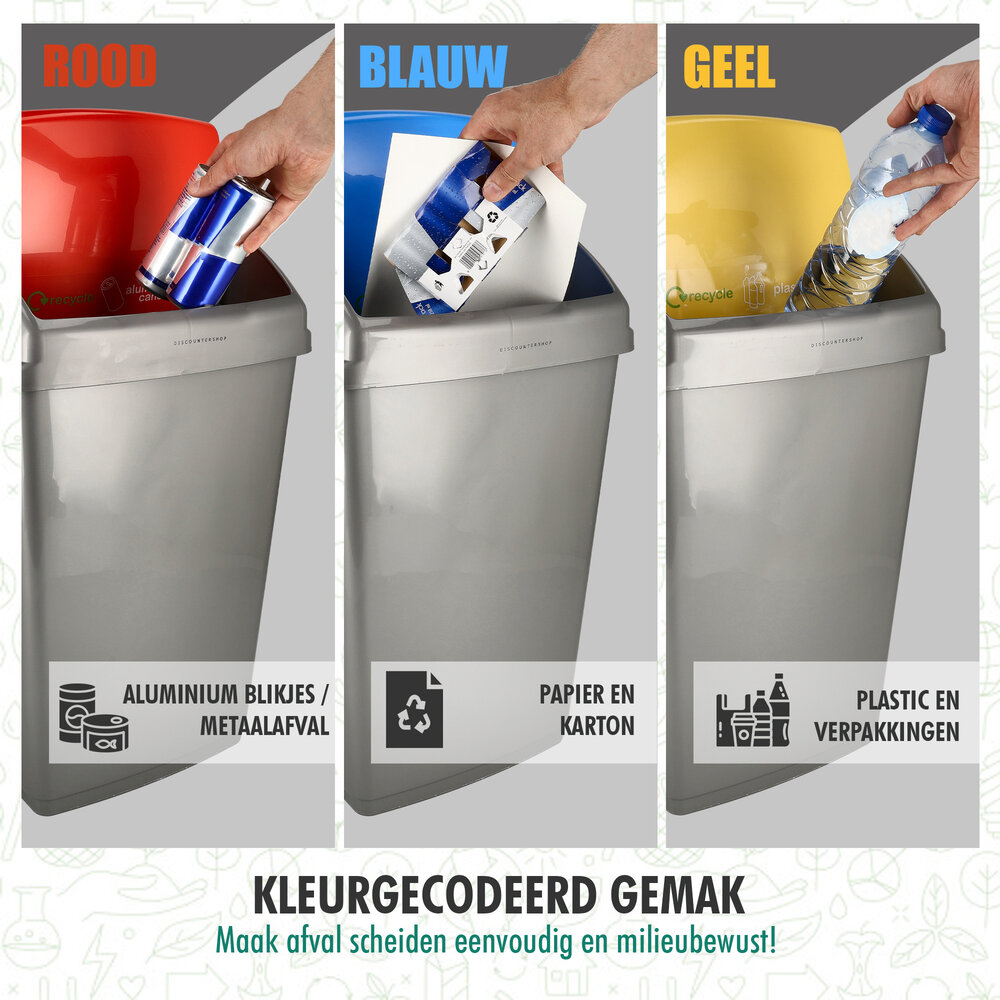 Discountershop Prullenbakken Set van 3 – 50L Afvalbakken voor Afvalscheiding – Grijze Sorterbakken met Geel, Blauw & Rood Deksel – Gescheiden Afval Inzamelen