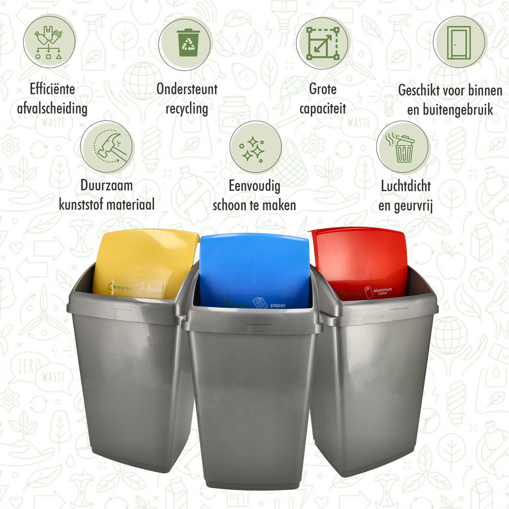 Discountershop Trash Bins Set of 3 – 50L Recycling Bins for Waste Separation – Grey Sorting Bins with Yellow, Blue & Red Lids – Ideal for Home & Office Recycling