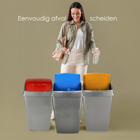 Discountershop Trash Bins Set of 3 – 50L Recycling Bins for Waste Separation – Grey Sorting Bins with Yellow, Blue & Red Lids – Ideal for Home & Office Recycling