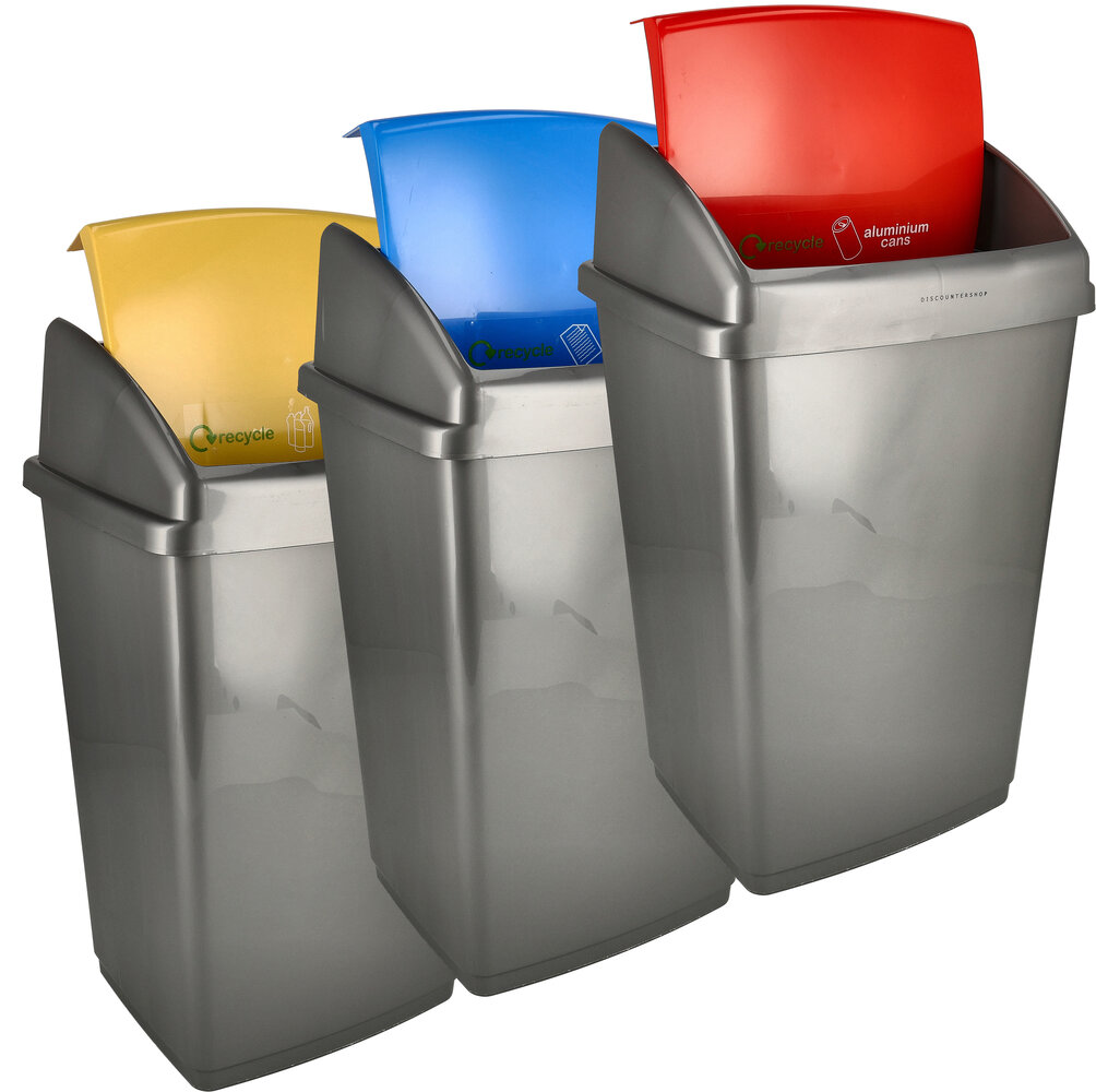 Discountershop Trash Bins Set of 3 – 50L Recycling Bins for Waste Separation – Grey Sorting Bins with Yellow, Blue & Red Lids – Ideal for Home & Office Recycling