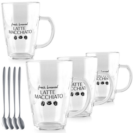Discountershop Latte Macchiato Glazen 300ml met Oor en Lepels – Magnetronbestendig – Goedkope Koffieglazen voor Cappuccino & Espresso