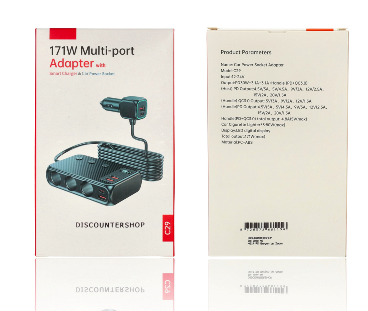 Discountershop Auto Sigarettenaansteker Splitter – 12V/24V USB Autolader Adapter – Auto Oplader met 9 Aansluitingen – 4 USB + 2 USB-C + 3 Sigarettenaanstekers – 171W Verdeler / Omvormer – Autostekker Discountershop Auto Sigarettenaansteker Splitter – 12V/24V USB Autolader Adapter – Auto Oplader met 9 Aansluitingen – 4 USB + 2 USB-C + 3 Sigarettenaanstekers – 171W Verdeler / Omvormer – Autostekker