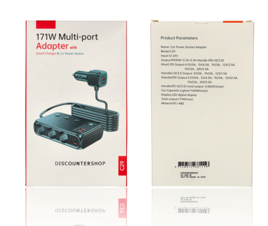 Discountershop Auto Sigarettenaansteker Splitter – 12V/24V USB Autolader Adapter – Auto Oplader met 9 Aansluitingen – 4 USB + 2 USB-C + 3 Sigarettenaanstekers – 171W Verdeler / Omvormer – Autostekker Discountershop Auto Sigarettenaansteker Splitter – 12V/24V USB Autolader Adapter – Auto Oplader met 9 Aansluitingen – 4 USB + 2 USB-C + 3 Sigarettenaanstekers – 171W Verdeler / Omvormer – Autostekker