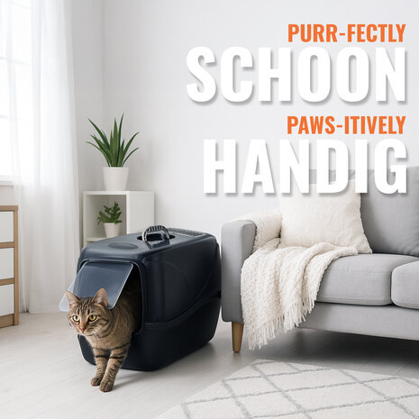 Discountershop Kattenbak met Deksel 76L – Gesloten Kunststof Kattentoilet Zwart – Stevige Kattenbak met Kap voor Grote Katten en Kittens