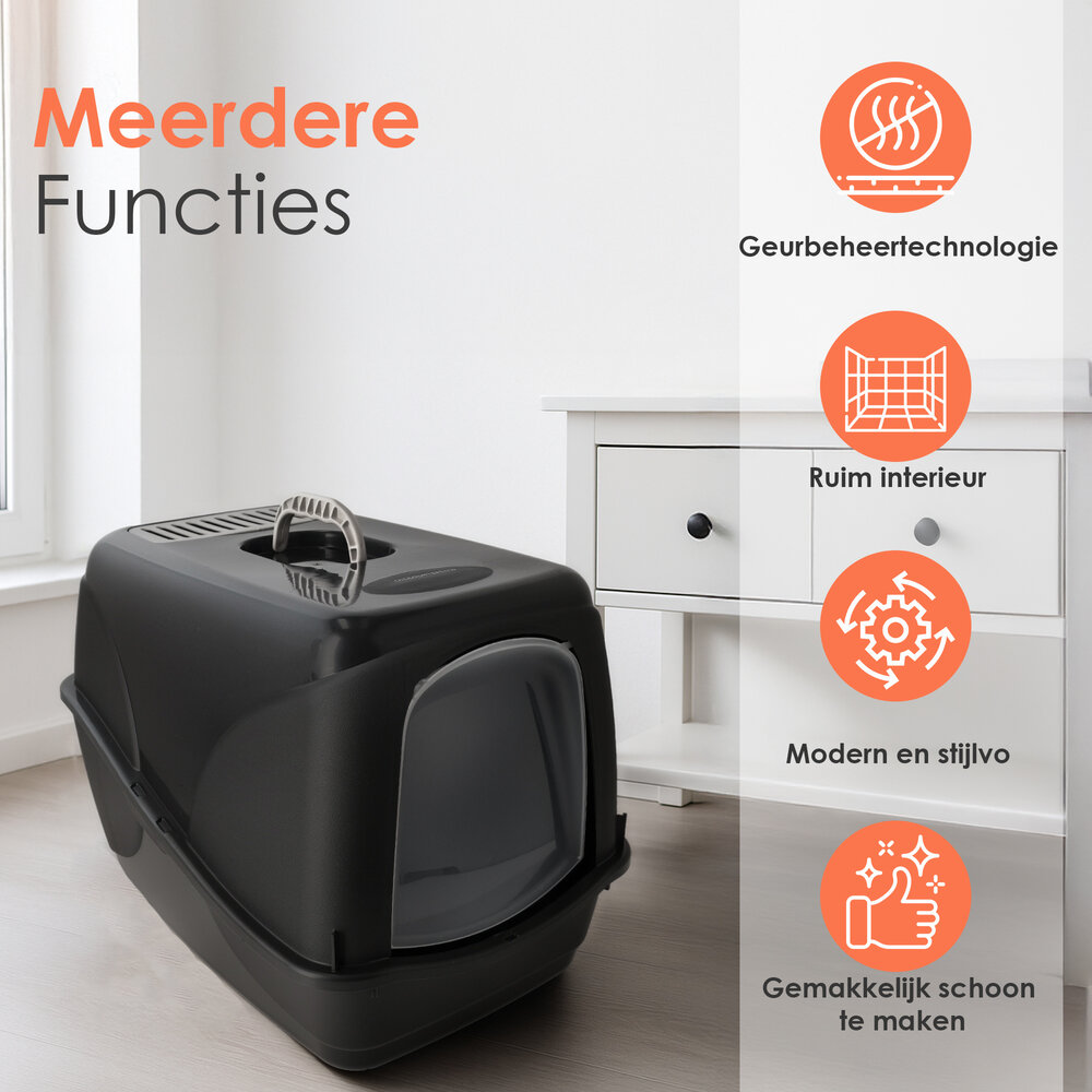 Discountershop Cat Litter Box with Lid 76L – Covered Plastic Enclosed Cat Toilet Black – Strong Litter Box for Large Cats and Kittens