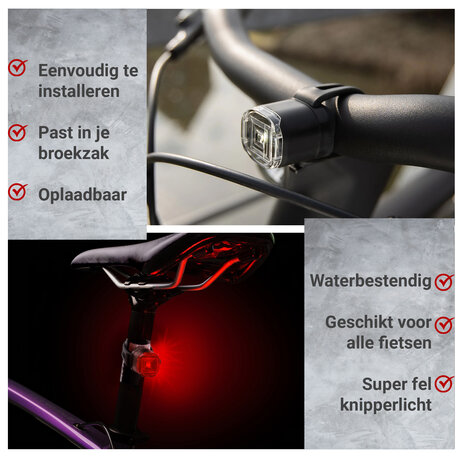 Discountershop LED Fietsverlichting Set USB Oplaadbaar – Waterdichte Fietsverlichting Voor & Achter – Veilige Fietsverlichting voor Kinderfiets, Mountainbike, Racefiets & E-Bike