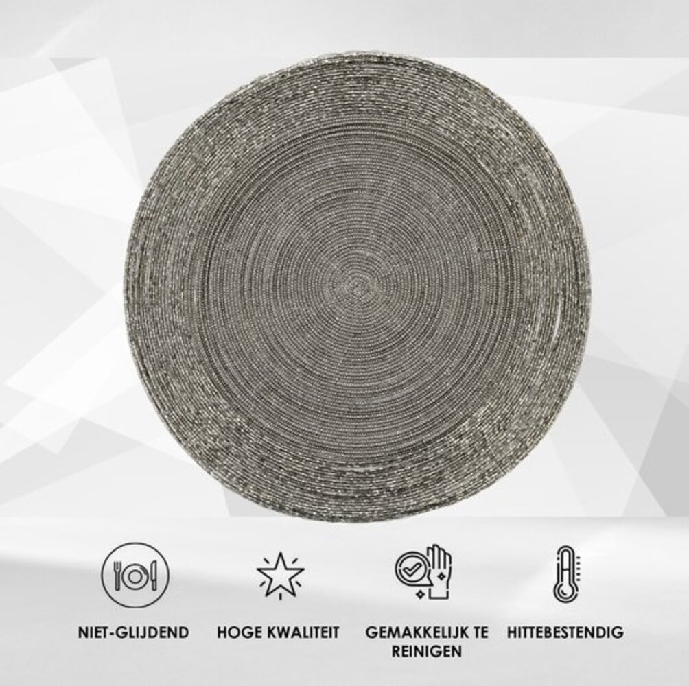 Discountershop Placemats - Round - 30 cm - 4 pieces - Pad - Heat resistant - Dark gray - Luxurious look beaded Placemat
