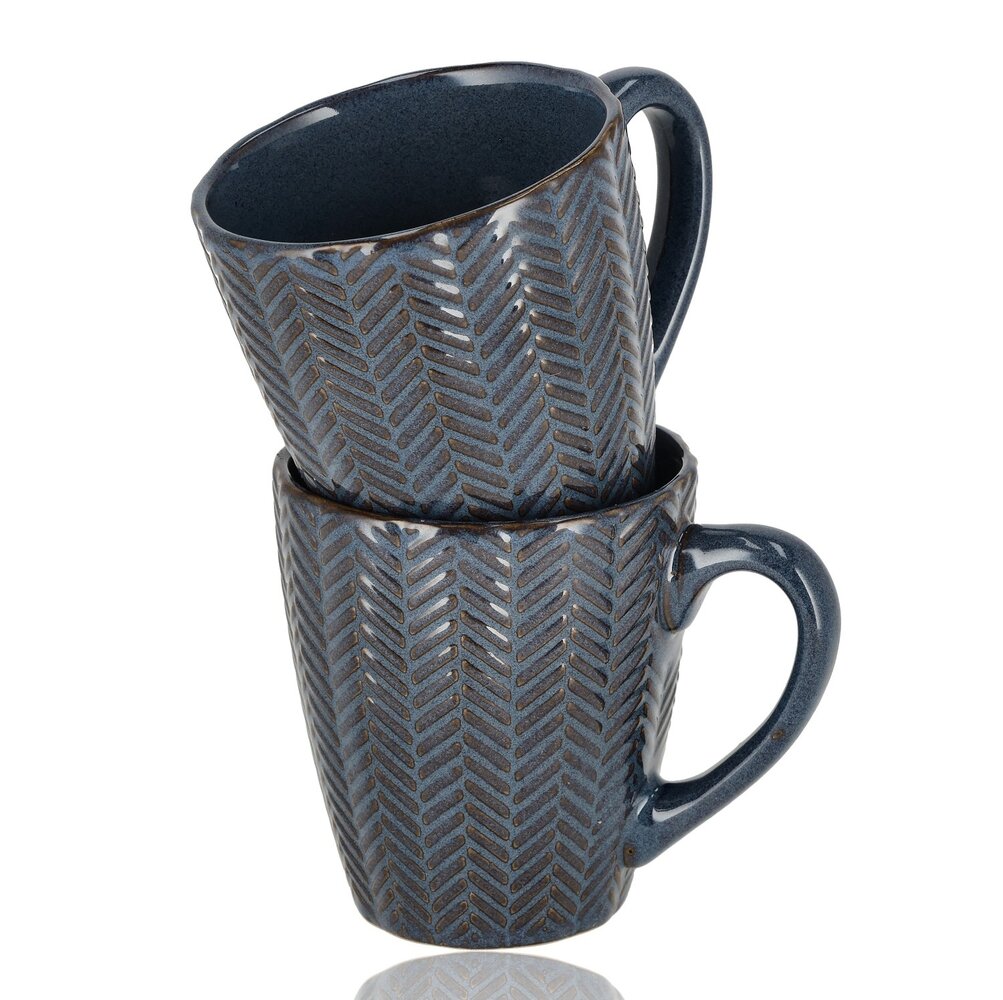 Discountershop Coffee Mugs with Handle – Dark Blue Ceramic Mugs 200ml – Cappuccino and Tea Mugs – Herringbone Design