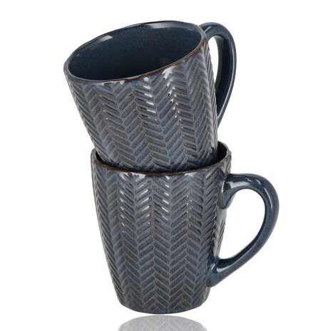 Discountershop Koffiekopjes met Oor – Donkerblauwe Keramische Mokken 200ml – Cappuccino en Theemokken – Herringbone Design