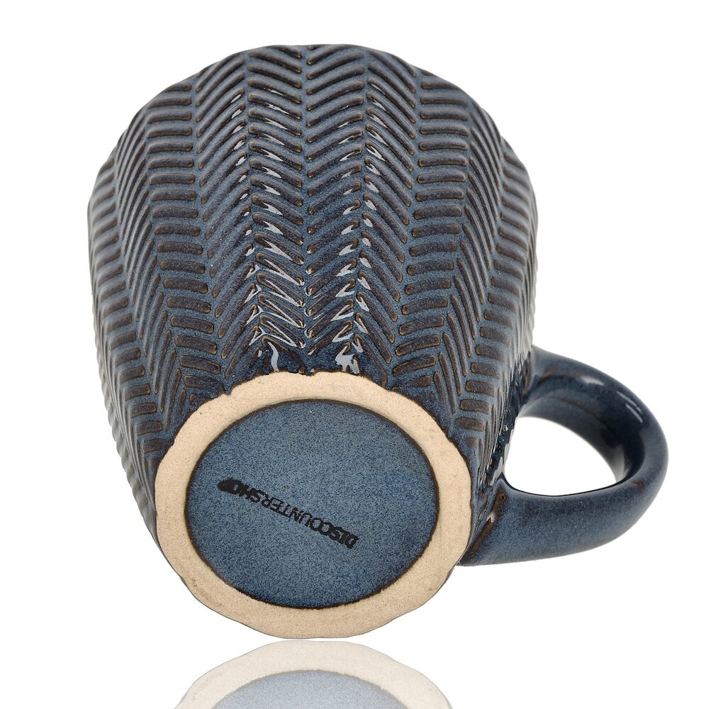 Discountershop Koffiekopjes met Oor – Donkerblauwe Keramische Mokken 200ml – Cappuccino en Theemokken – Herringbone Design