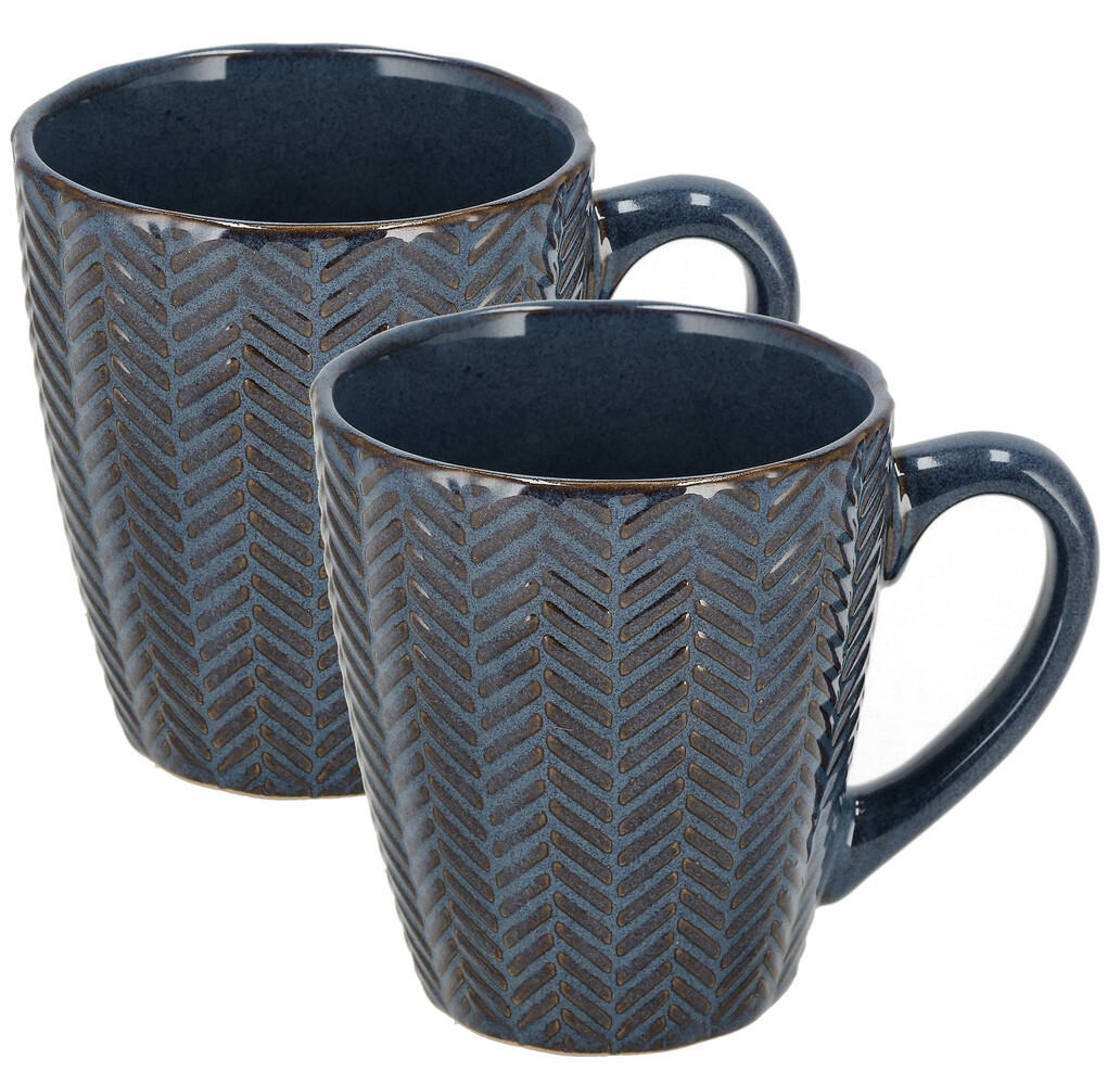 Discountershop Koffiekopjes met Oor – Donkerblauwe Keramische Mokken 200ml – Cappuccino en Theemokken – Herringbone Design