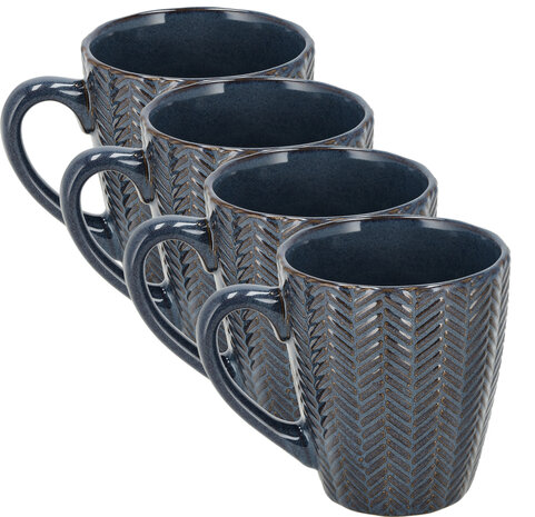 Discountershop Koffiekopjes met Oor – Donkerblauwe Keramische Mokken 200ml – Cappuccino en Theemokken – Herringbone Design