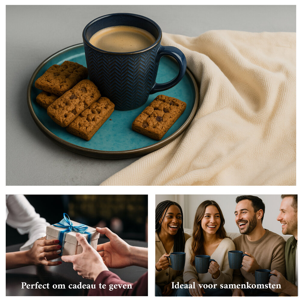 Discountershop Koffiekopjes met Oor – Donkerblauwe Keramische Mokken 200ml – Cappuccino en Theemokken – Herringbone Design