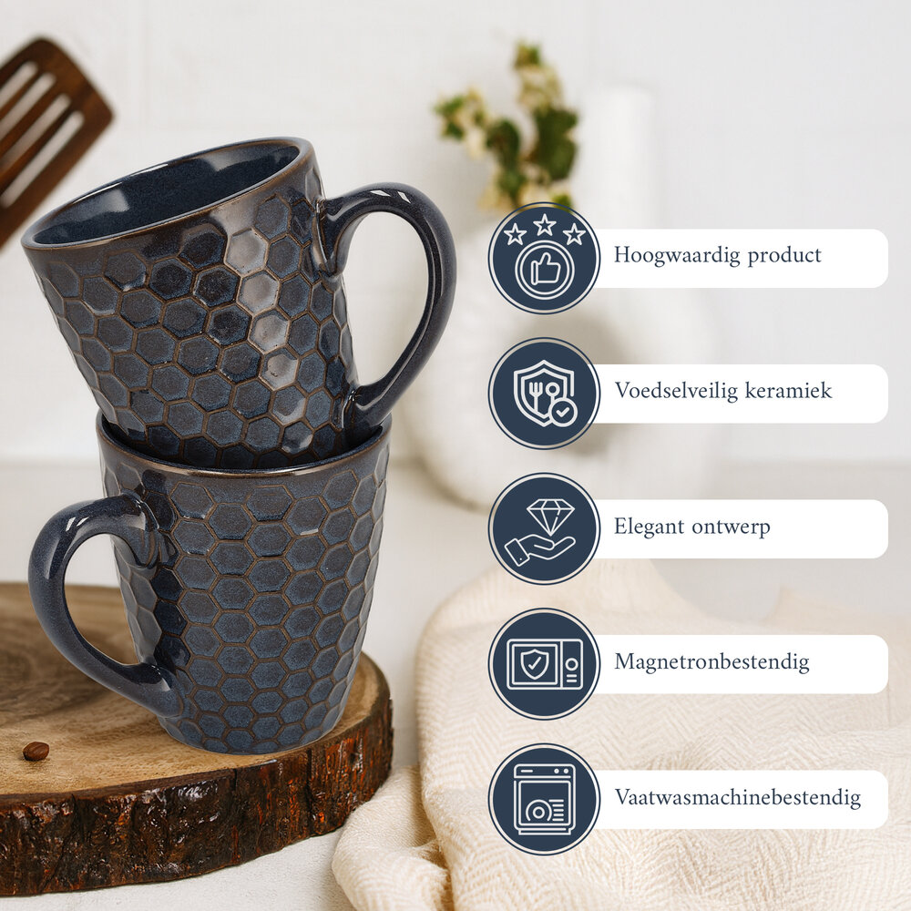 Discountershop Koffiekopjes met Oor – Donkerblauwe Keramische Mokken 200ml – Cappuccino en Theemokken – Herringbone Design