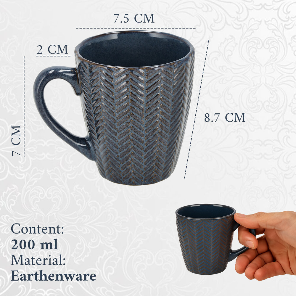 Discountershop Coffee Mugs with Handle – Dark Blue Ceramic Mugs 200ml – Cappuccino and Tea Mugs – Herringbone Design