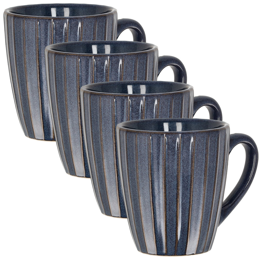 Discountershop Ceramic Coffee Mugs with Handle – Dark Blue Ribbed 200ml Mugs – Cappuccino and Tea Mugs – Vertical Ribbed Design