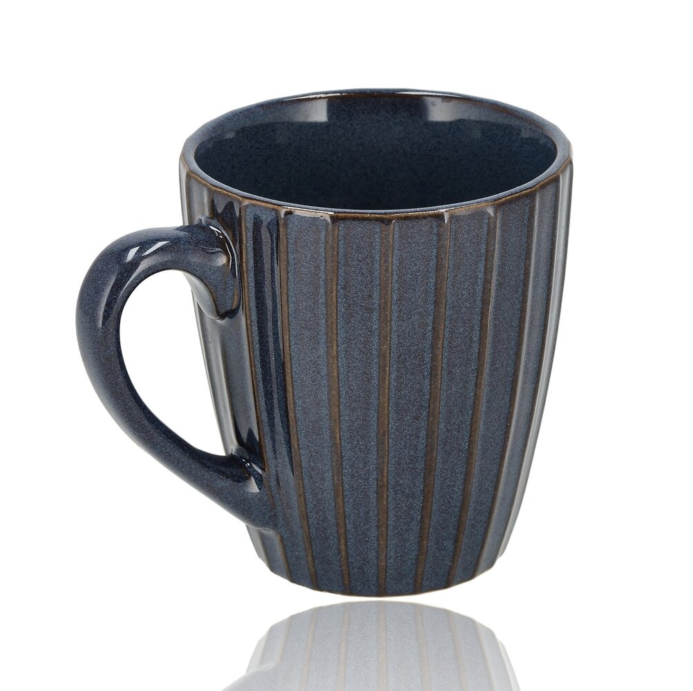 Discountershop Ceramic Coffee Mugs with Handle – Dark Blue Ribbed 200ml Mugs – Cappuccino and Tea Mugs – Vertical Ribbed Design