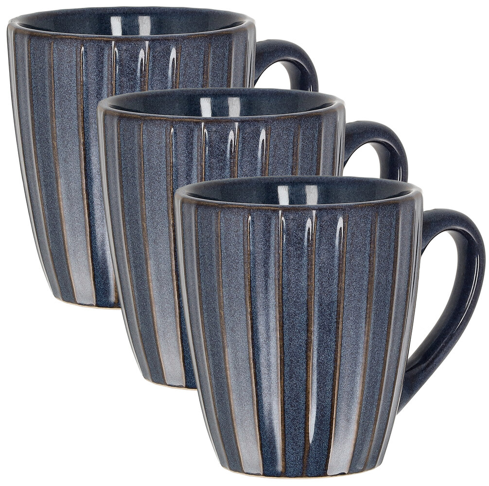Discountershop Ceramic Coffee Mugs with Handle – Dark Blue Ribbed 200ml Mugs – Cappuccino and Tea Mugs – Vertical Ribbed Design