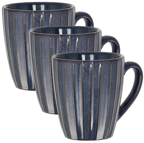 Discountershop Ceramic Coffee Mugs with Handle – Dark Blue Ribbed 200ml Mugs – Cappuccino and Tea Mugs – Vertical Ribbed Design