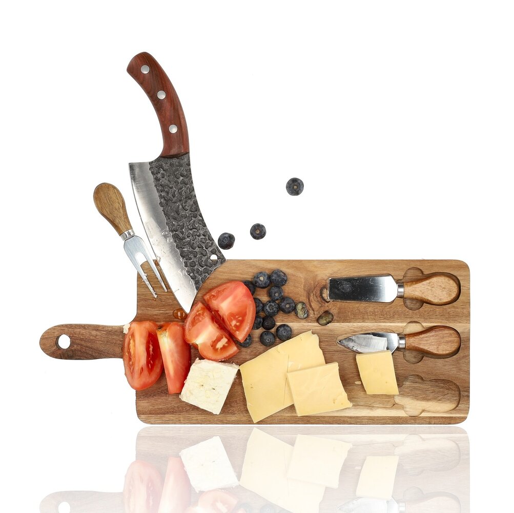 Discountershop Cheese Board with Knives – Bamboo Cheese Board with 3 Cheese Knives – Wooden Serving Board 42×15.5×1.5 cm for Cheese, Charcuterie & Tapas