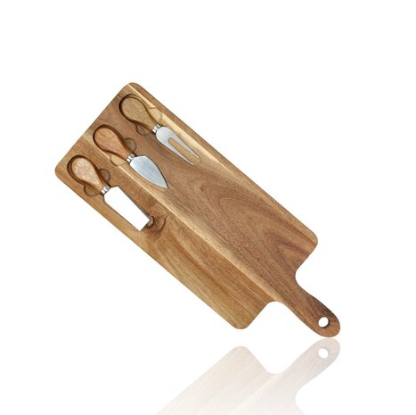 Discountershop Kaasplankje met Messen – Bamboe Kaasplank met 3 Kaasmessen – Houten Serveerplank 42×15,5×1,5 cm voor Kaas, Borrel & Tapas