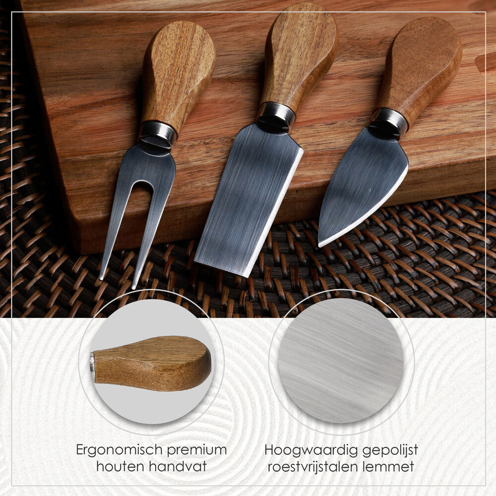 Discountershop Kaasplankje met Messen – Bamboe Kaasplank met 3 Kaasmessen – Houten Serveerplank 42×15,5×1,5 cm voor Kaas, Borrel & Tapas