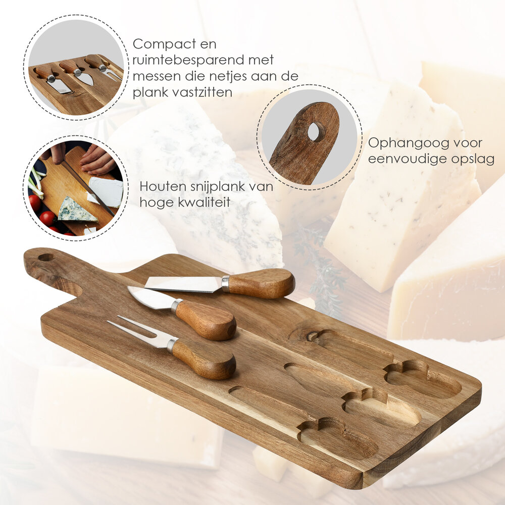 Discountershop Cheese Board with Knives – Bamboo Cheese Board with 3 Cheese Knives – Wooden Serving Board 42×15.5×1.5 cm for Cheese, Charcuterie & Tapas
