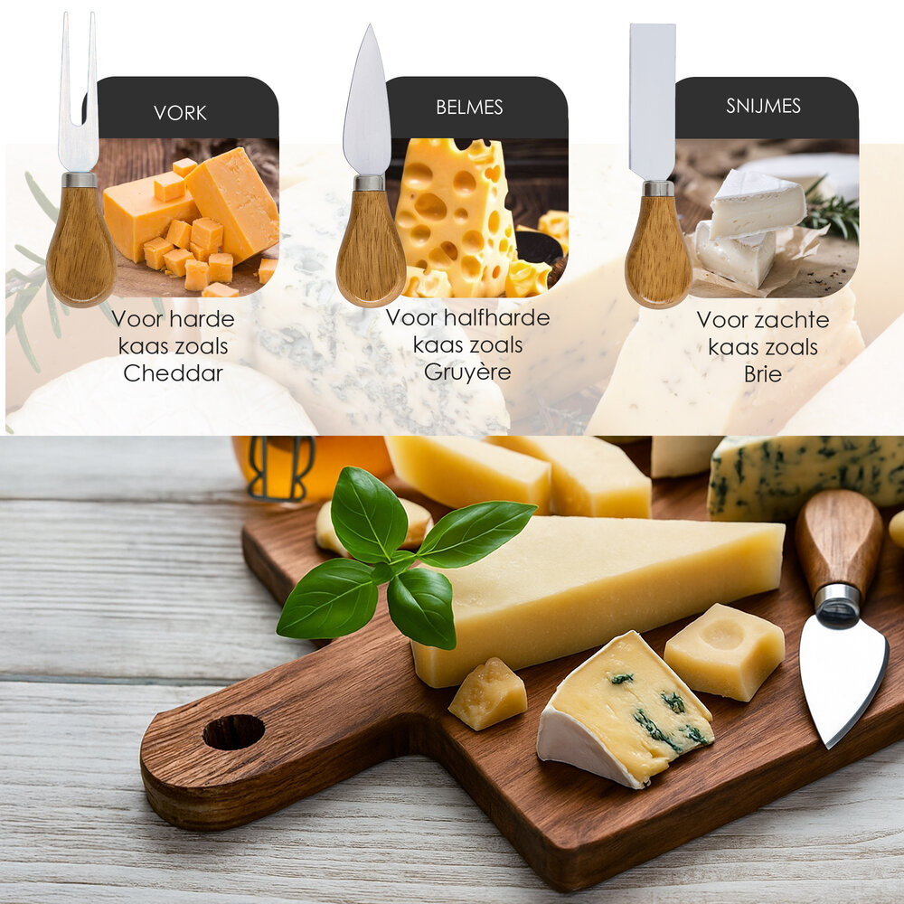 Discountershop Cheese Board with Knives – Bamboo Cheese Board with 3 Cheese Knives – Wooden Serving Board 42×15.5×1.5 cm for Cheese, Charcuterie & Tapas
