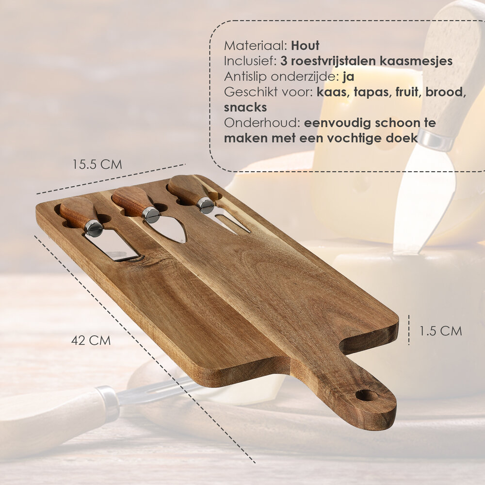 Discountershop Kaasplankje met Messen – Bamboe Kaasplank met 3 Kaasmessen – Houten Serveerplank 42×15,5×1,5 cm voor Kaas, Borrel & Tapas