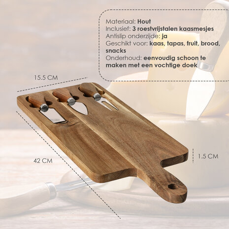 Discountershop Kaasplankje met Messen – Bamboe Kaasplank met 3 Kaasmessen – Houten Serveerplank 42×15,5×1,5 cm voor Kaas, Borrel & Tapas