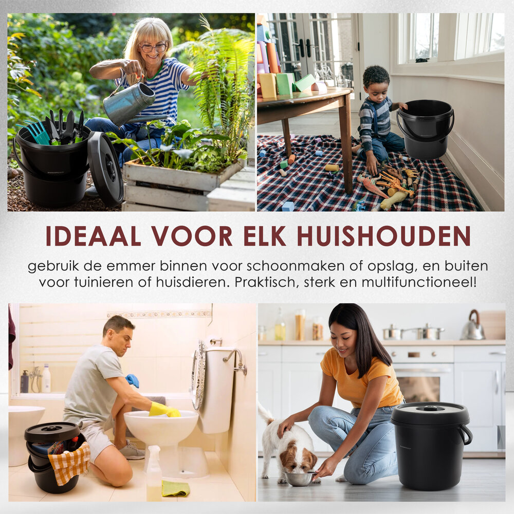 Discountershop Emmer met Deksel 14 Liter – Sterke Kunststof Emmer met Deksel en Handvaten – Zwarte Emmers Deksel Antislip – Binnen & Buiten Gebruik