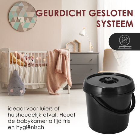 Discountershop Emmer met Deksel 16 Liter – Sterke Kunststof Emmer met Deksel en Handvaten – Zwarte Emmers Deksel Antislip – Binnen & Buiten Gebruik