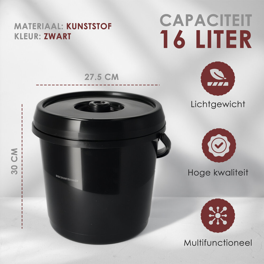 Discountershop Emmer met Deksel 16 Liter – Sterke Kunststof Emmer met Deksel en Handvaten – Zwarte Emmers Deksel Antislip – Binnen & Buiten Gebruik